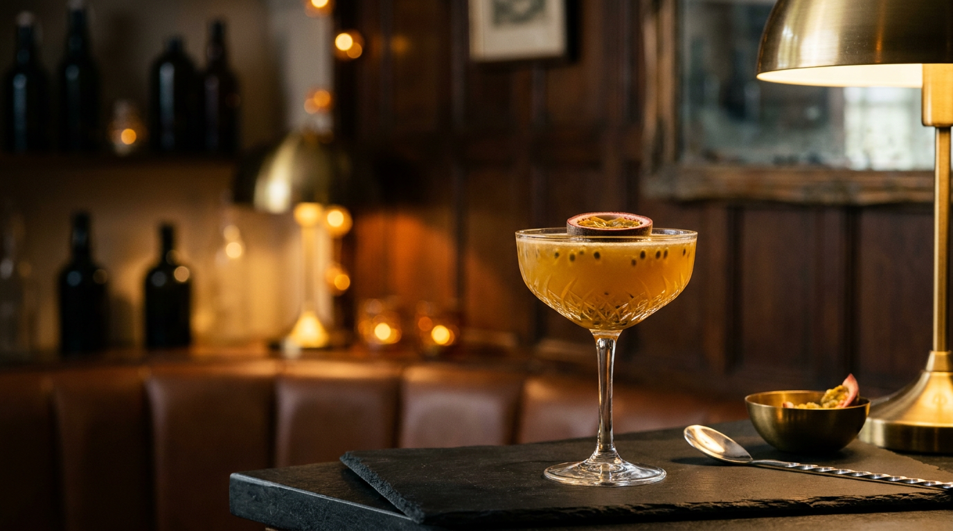 Coupe en cristal d'un cocktail doré orangé aux graines de fruit de la passion, demi-coque posée dessus, sur une ardoise noire au comptoir d'un bar chic