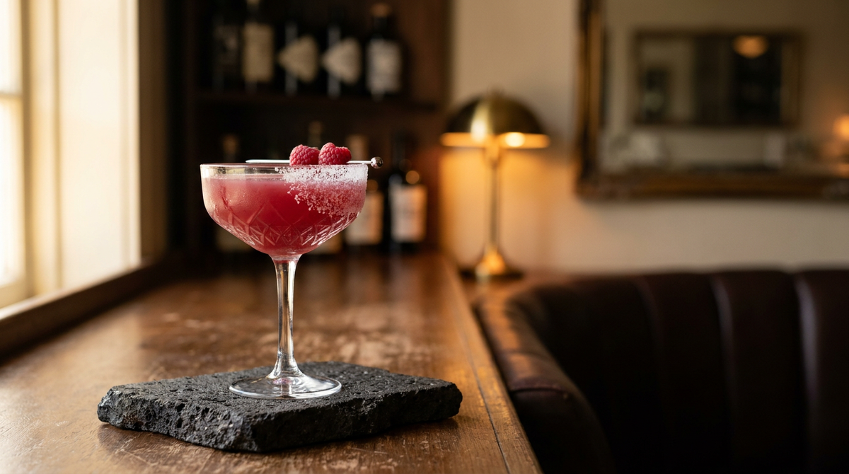 Margarita à la framboise dans une coupe, bord salé sur une moitié, framboises fraîches, dalle de pierre volcanique