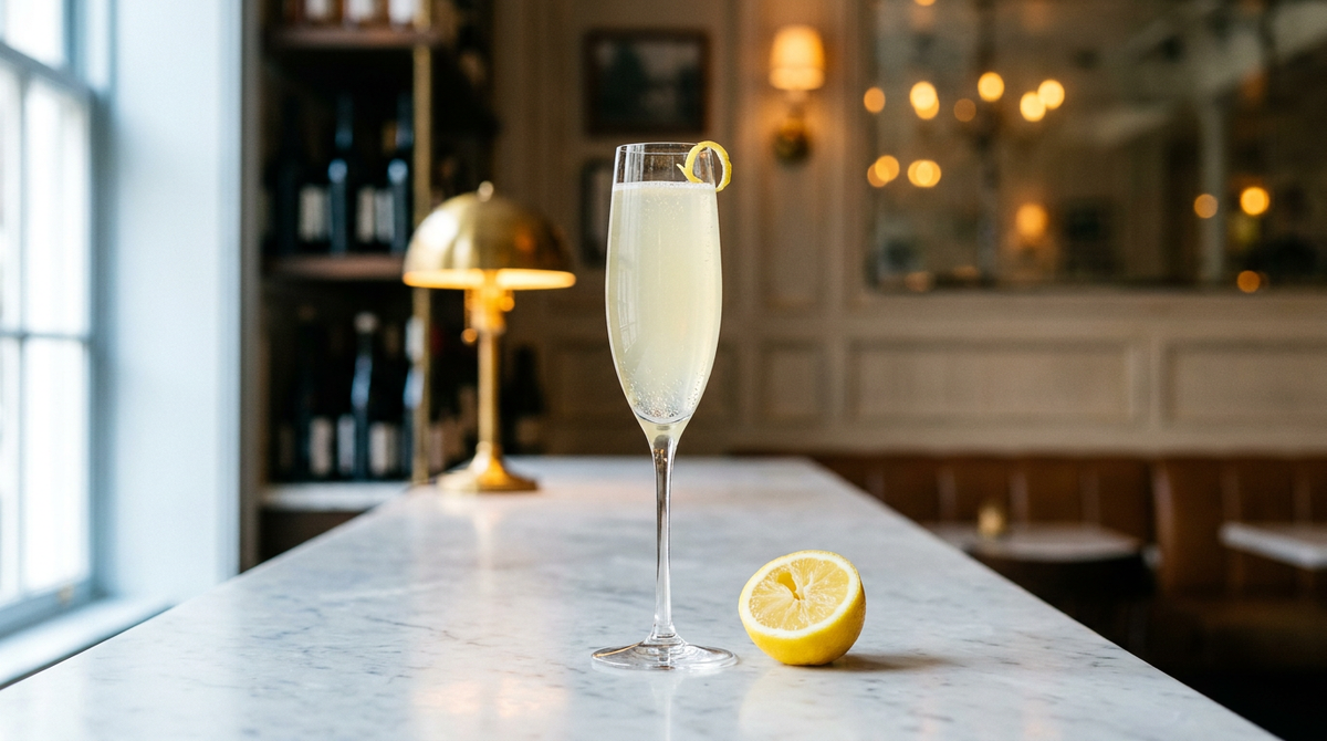 Virgin French 75 en flûte, bulles fines et zeste de citron, sur un comptoir de marbre blanc