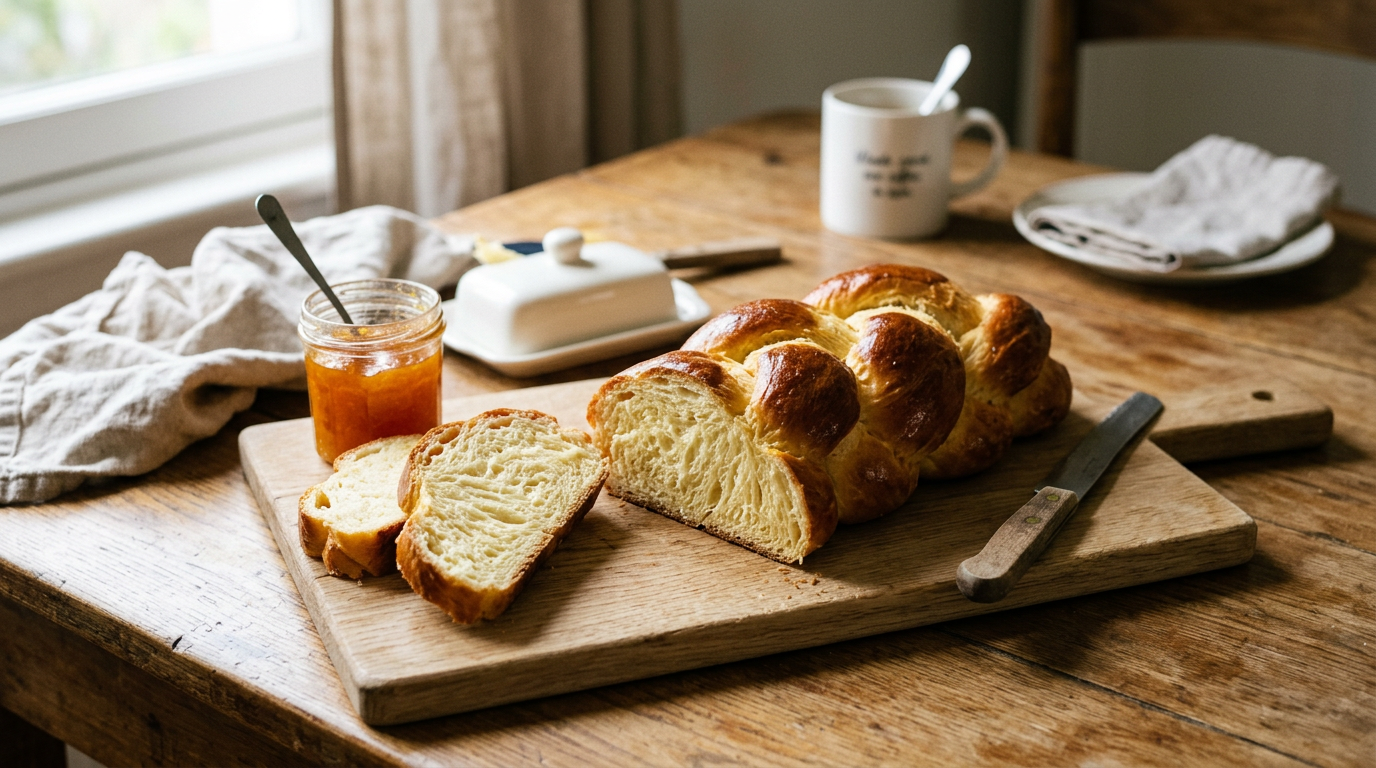 Brioche maison tressée dorée sur une planche, deux tranches montrant une mie jaune pâle et filante
