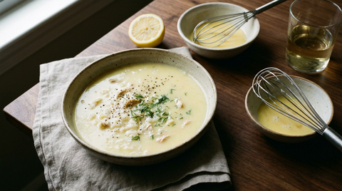 Large bol en céramique d'une soupe grecque jaune pâle, lisse et veloutée, liée à l'œuf et au citron, grains de riz et effilochés de poulet, poivre et aneth, demi-citron et bol d'œufs battus avec un fouet à côté, verre de vin blanc