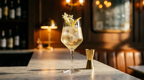 Cocktail au vin blanc et au sureau dans un grand verre à pied sur glace, fleur de sureau et zeste de citron, comptoir en marbre