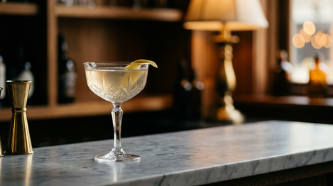 Coronation servi dans une coupette de cristal sur un comptoir de marbre, zeste de citron