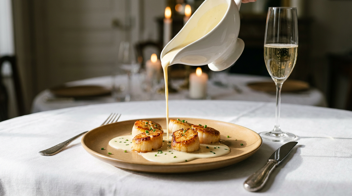 Sauce au champagne ivoire, brillante et nappante, versée d'une saucière en porcelaine sur des noix de Saint-Jacques poêlées dorées, ciboulette, une flûte de crémant aux bulles fines derrière, nappe de lin blanc, lumière douce de fête