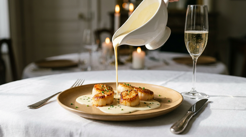 Sauce au champagne : la recette de la sauce crémée pour le poisson, la volaille et les Saint-Jacques