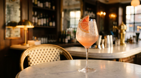 Spritz au pamplemousse rose dans un grand verre à pied sur une table de terrasse en marbre, quartier de pamplemousse sur le bord