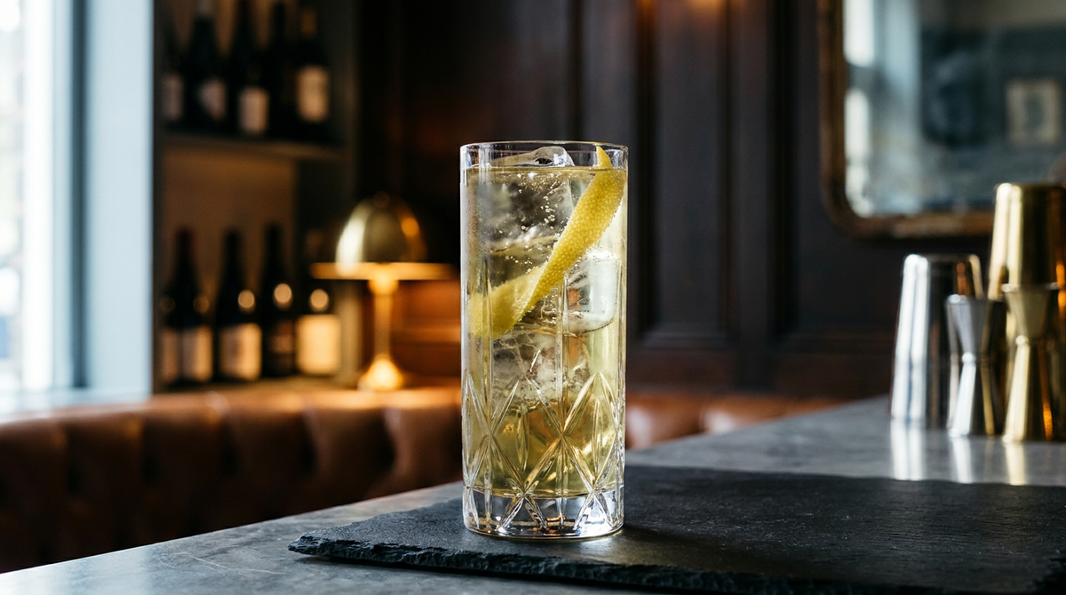 Thé tonic ambré clair dans un verre haut sur gros glaçons, long zeste de citron, plaque d'ardoise noire