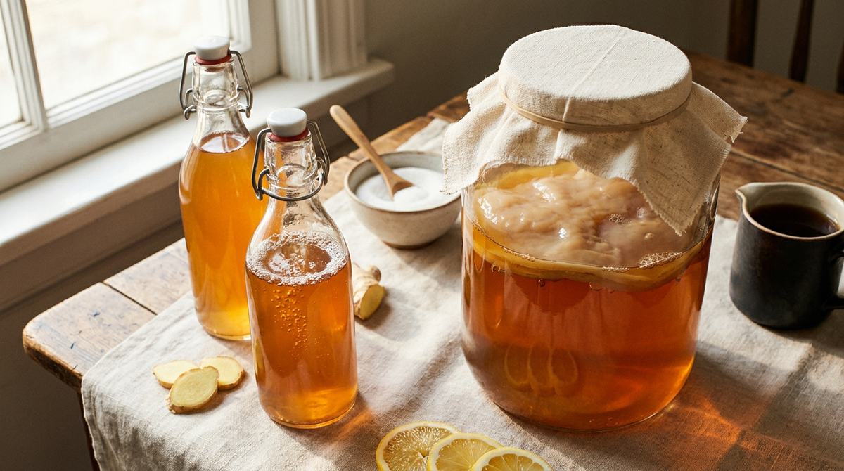 Kombucha maison, grand bocal de thé ambré couvert d'un linge avec la mère beige flottant en surface, deux bouteilles à bouchon mécanique effervescentes, gingembre et citron