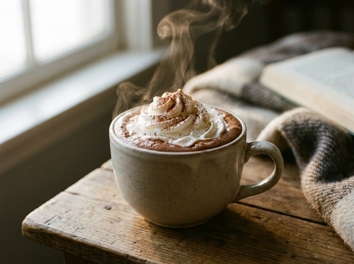Chocolat chaud au cognac fumant dans un mug, surmonté de crème fouettée et de cacao