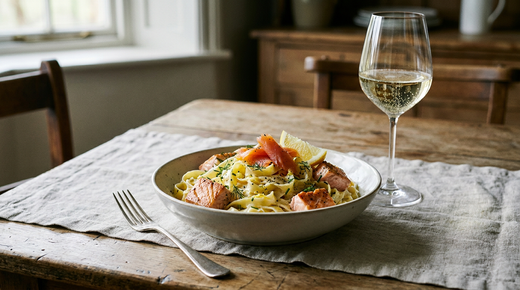 Tagliatelles au saumon dans une assiette creuse, sauce crème légère au citron, gros morceaux de saumon poêlé rosé, lanières de saumon fumé, aneth et ciboulette, quartier de citron, fourchette à plat, verre de crémant pâle, table en bois