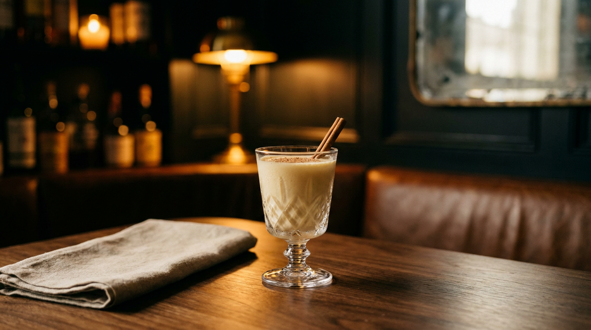 Lait de poule sans alcool dans une petite tasse à pied, muscade râpée, table de noyer et serviette de lin