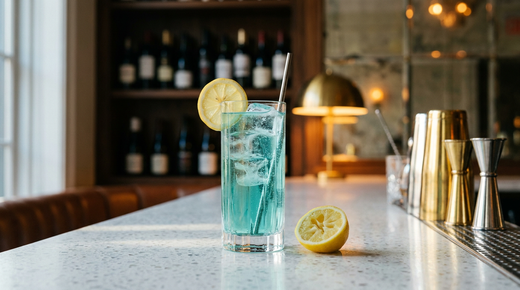 Mocktail bleu sur glace en verre haut, rondelle de citron, sur un comptoir de terrazzo blanc