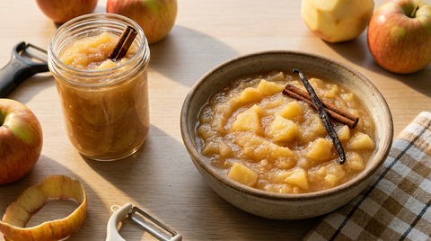 Compote de pommes maison en morceaux irréguliers dans un bol, relief marqué, couleur ivoire doré, bâton de cannelle à côté