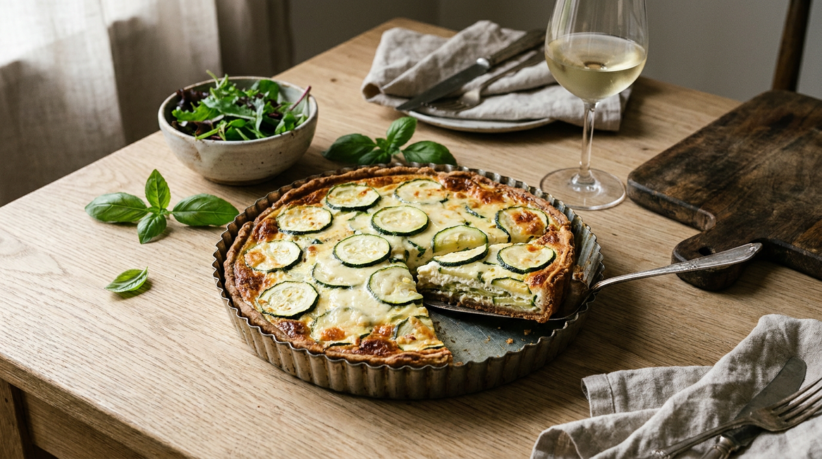 Quiche à la courgette dorée dans un moule à tarte, part coupée montrant les rondelles de courgette et l'appareil crémeux pris, croûte brune et croustillante, basilic, salade verte à côté, verre de blanc pâle, table de bois clair