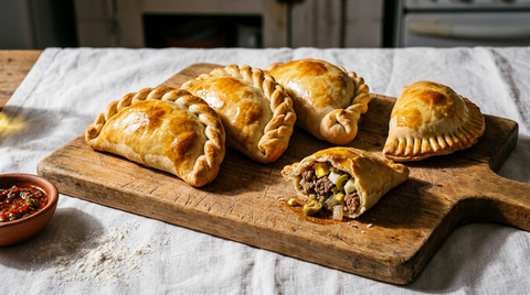 Empanadas argentines dorées sur une planche, chacune fermée par un repulgue tressé différent, une ouverte sur sa farce au bœuf
