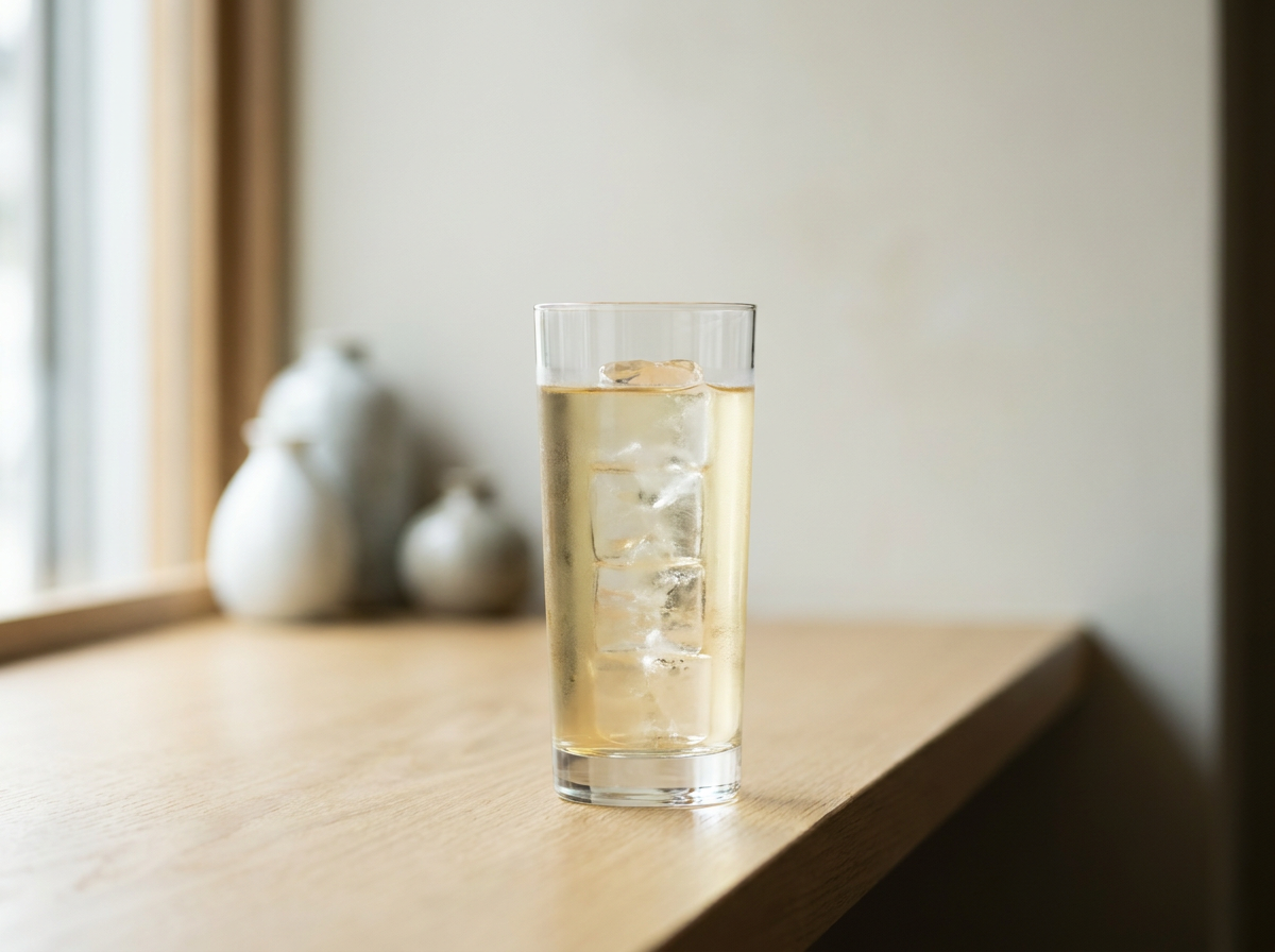 Mizuwari, whisky japonais allongé d'eau sur de gros glaçons dans un verre droit
