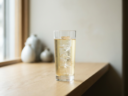 Mizuwari, whisky japonais allongé d'eau sur de gros glaçons dans un verre droit