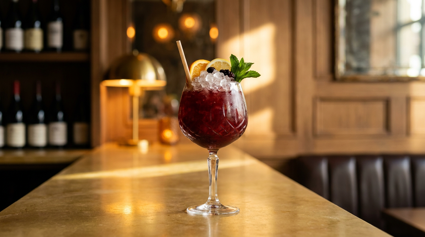 Claret cobbler grenat sur glace pilée en dôme, tranche d'orange et menthe, comptoir de pierre de Bourgogne