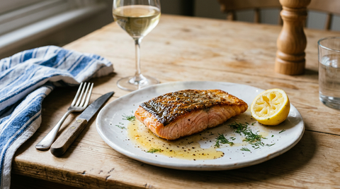 Pavé de saumon poêlé à la peau croustillante servi dans une assiette blanche avec citron et aneth