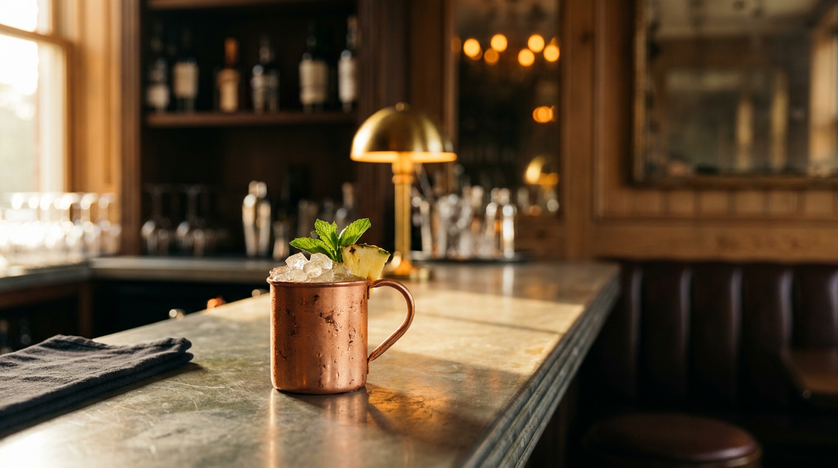 Moscow Mule à l'ananas dans un mug de cuivre couvert de buée, menthe et quartier d'ananas, comptoir de zinc patiné