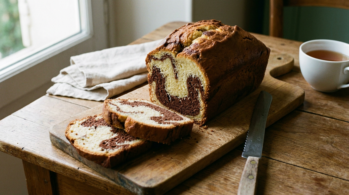 Gâteau marbré en cake tranché montrant les volutes de vanille et de chocolat, planche de bois, tasse de thé