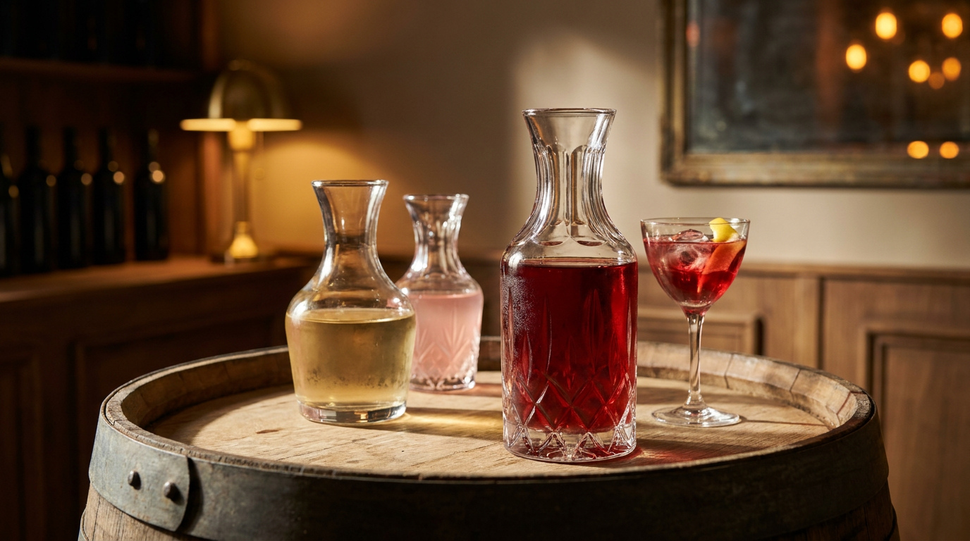 Trois carafes de cocktails montées d'avance et verre servi sur une tête de tonneau