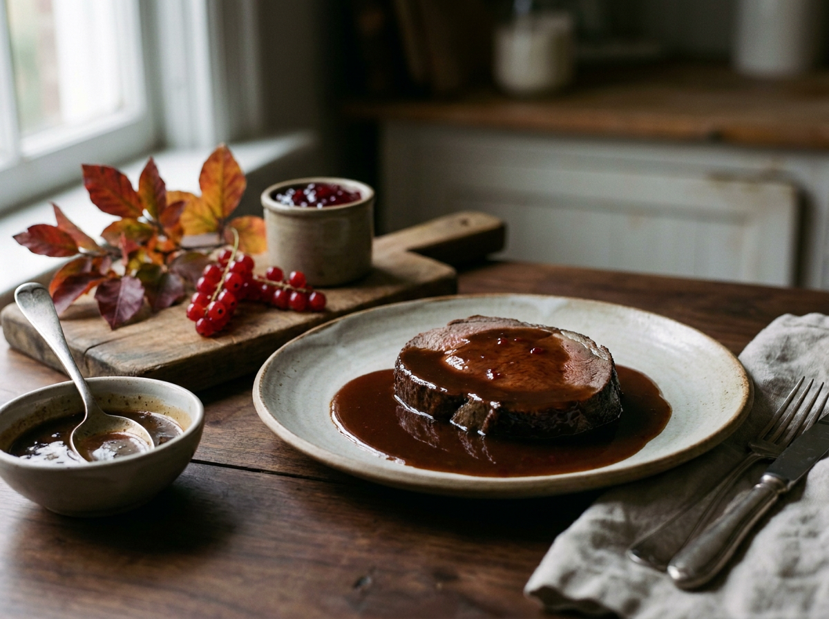 Sauce grand veneur brune et brillante nappant une tranche de chevreuil rôti, pot de gelée de groseille et grappes fraîches sur une table en chêne sombre