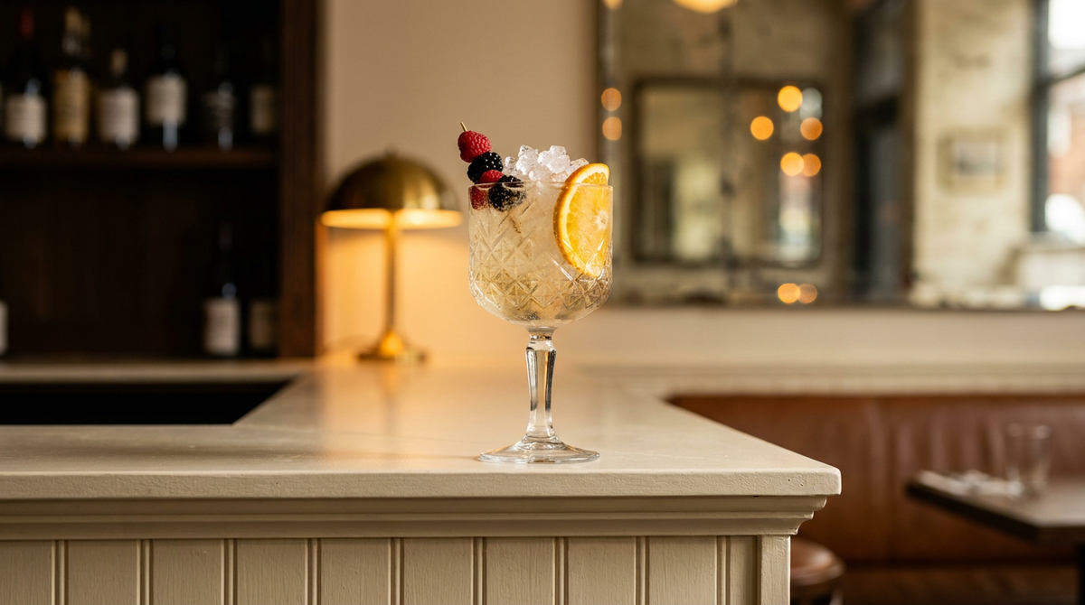 Champagne cobbler en gobelet sur glace pilée, fruits rouges et tranche d'orange, comptoir à lambris crème
