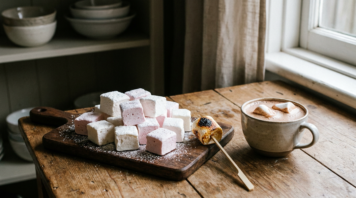 Cubes de guimauve maison blancs et roses roulés dans le sucre glace, empilés sur une planche, un cube grillé et doré sur une brochette, tasse de chocolat chaud avec des guimauves fondantes dessus, table en bois