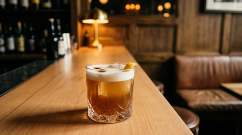 Scotch Sour ambré coiffé d'une mousse blanche, gouttes d'amers et zeste de citron, comptoir de hêtre