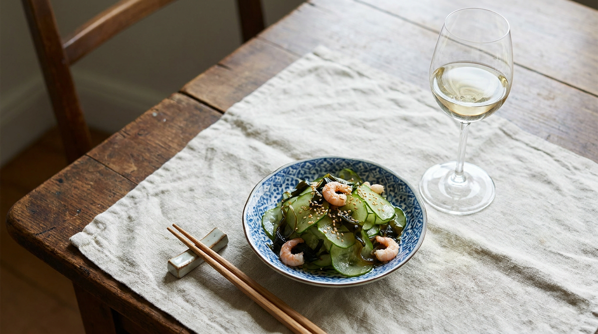 Coupelle de sunomono, concombre en lamelles, wakamé, crevettes, verre de vin blanc