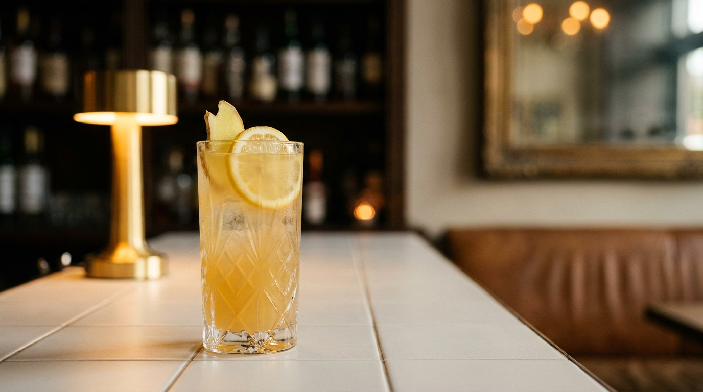 Switchel au curcuma dans un grand verre, rondelle de citron et gingembre frais, comptoir carrelé blanc mat