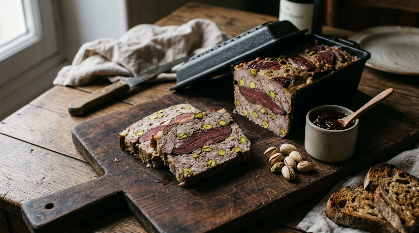 Terrine de magret de canard tranchée sur une planche : bandes de canard rouge sombre alternées avec la farce claire et pistaches vertes, moule en fonte, confit de figues et pain grillé