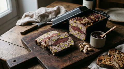 Terrine de magret de canard tranchée sur une planche : bandes de canard rouge sombre alternées avec la farce claire et pistaches vertes, moule en fonte, confit de figues et pain grillé