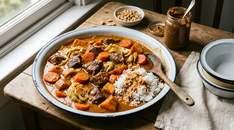 Mafé sénégalais dans un grand plat émaillé, ragoût épais couleur terre cuite avec morceaux de bœuf, carottes, chou et patate douce, riz blanc à côté et pot de pâte d'arachide