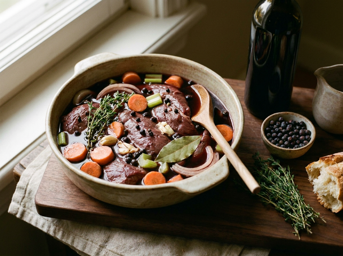 Morceaux de gibier marinant dans le vin rouge avec carottes, céleri, oignon, ail, thym, laurier et baies de genièvre dans un plat en grès