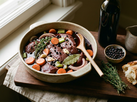 Morceaux de gibier marinant dans le vin rouge avec carottes, céleri, oignon, ail, thym, laurier et baies de genièvre dans un plat en grès