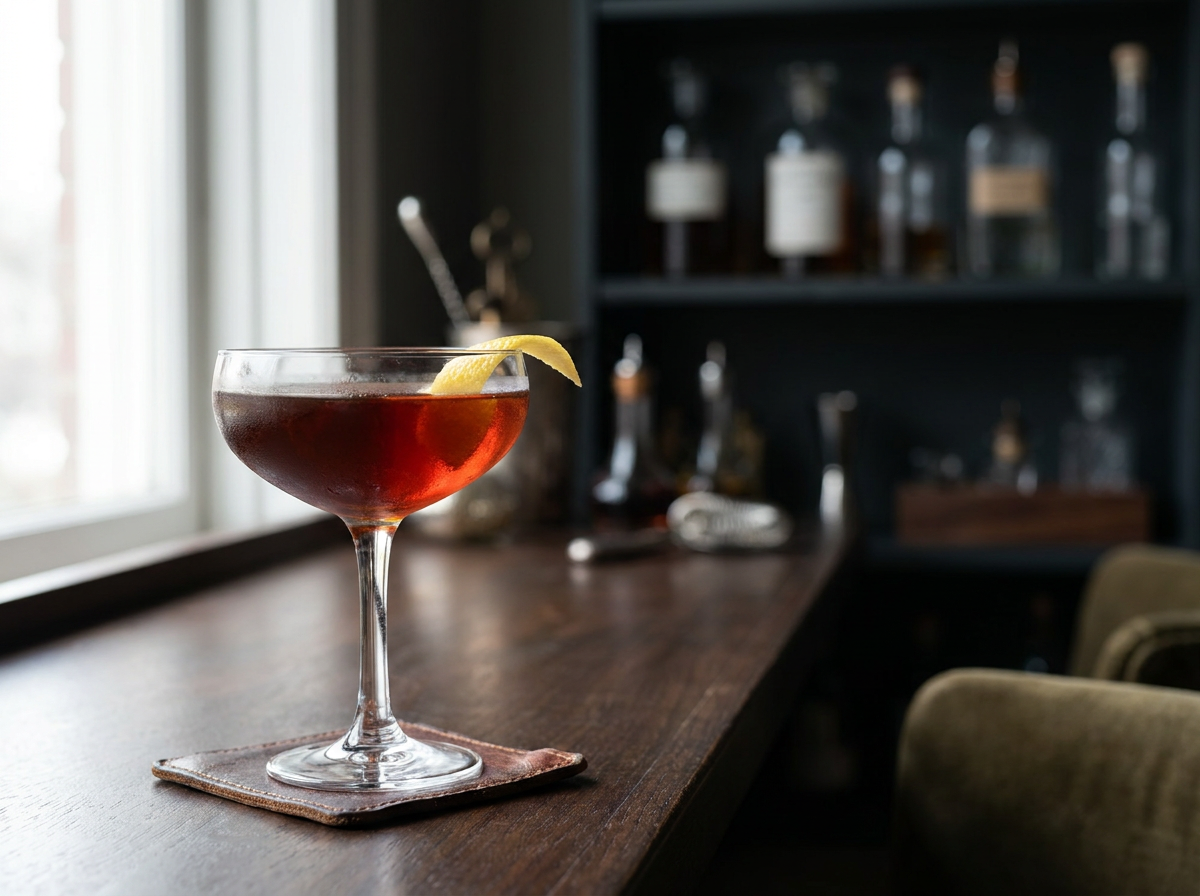 Cocktail Remember the Maine dans un verre à cocktail, robe rubis ambrée et zeste de citron, lumière naturelle