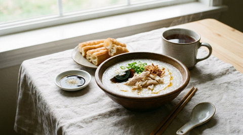 Bol de congee crémeux garni de ciboule, gingembre, œuf mollet et huile de sésame