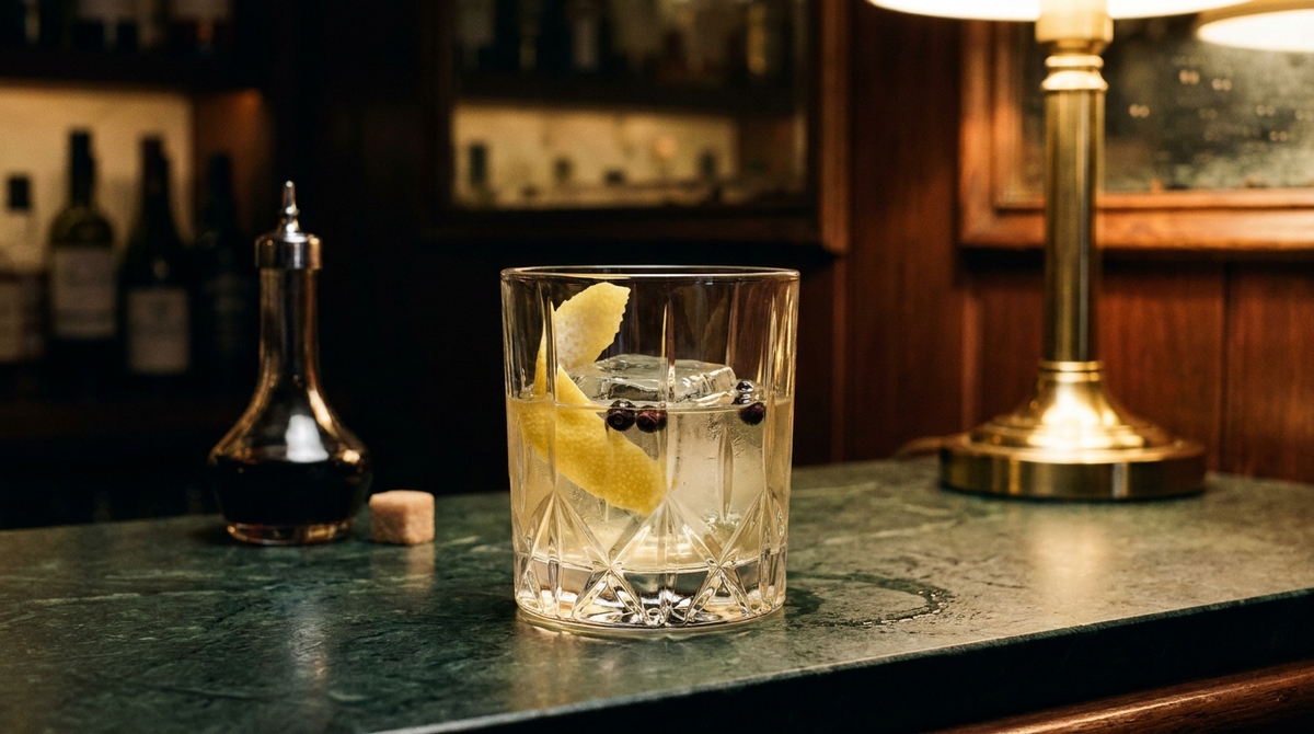 Gin Old Fashioned sur un gros glaçon, zeste de citron et baies de genièvre, sur un comptoir d'ardoise verte
