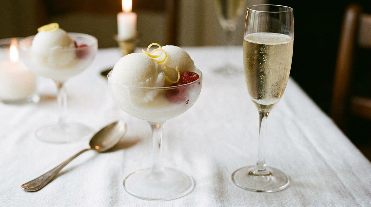 Boules de sorbet au champagne blanc nacré, légèrement granuleuses, servies dans des coupes en verre à pied givrées, un zeste de citron, une flûte de crémant aux bulles fines derrière, nappe de lin blanc, lumière douce de réveillon