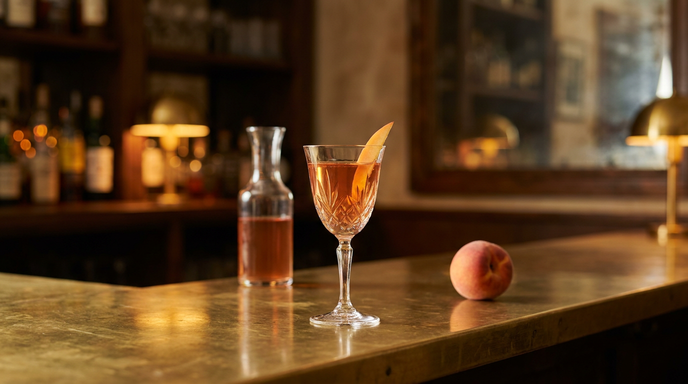 Petit verre à pied de vin de pêche maison ambré rosé, carafe du même vin derrière et pêche posée à côté, sur un comptoir de laiton patiné