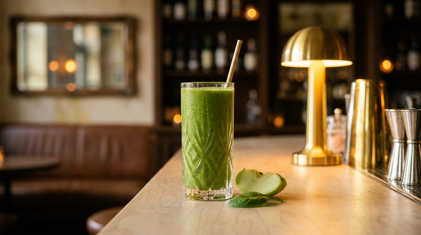 Smoothie vert dans un grand verre, tranche de pomme verte et feuille d'épinard, comptoir de contreplaqué de bouleau
