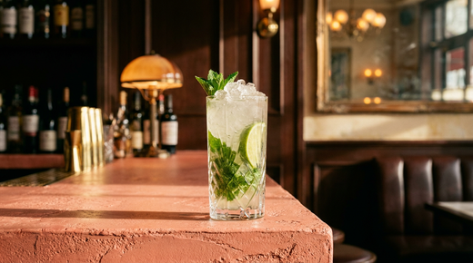 Mojito sans alcool sur glace pilée, menthe et citron vert, enduit rose corail