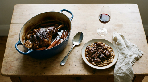 Cocotte en fonte ovale avec un gigot d'agneau de sept heures, viande brune effondrée qui se détache de l'os, sauce sombre réduite, gousses d'ail et carottes, assiette avec de la viande sur des haricots blancs, verre de vin rouge