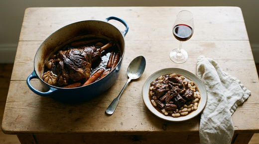 Cocotte en fonte ovale avec un gigot d'agneau de sept heures, viande brune effondrée qui se détache de l'os, sauce sombre réduite, gousses d'ail et carottes, assiette avec de la viande sur des haricots blancs, verre de vin rouge