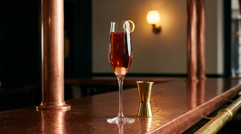 Flûte d'Alfonso, robe ambrée et sucre au fond du verre, sur un comptoir de cuivre martelé