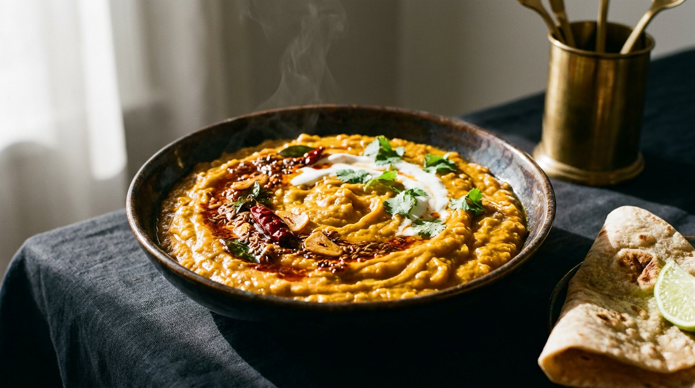 Dahl de lentilles corail doré en relief dans un bol sombre, tarka d'épices grillées et d'ail versée dessus, yaourt, coriandre et pain plat