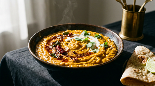 Dahl de lentilles corail doré en relief dans un bol sombre, tarka d'épices grillées et d'ail versée dessus, yaourt, coriandre et pain plat