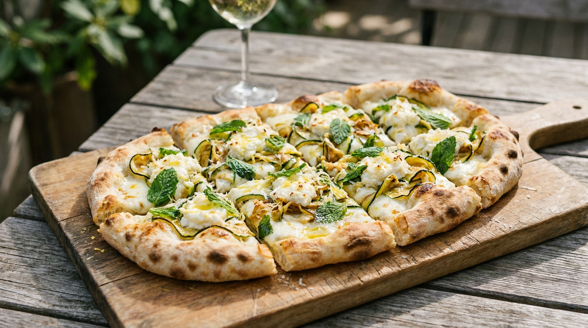 Pinsa blanche aux courgettes ovale sur une planche en bois, rubans de courgette dorés aux bords, cuillerées de ricotta, feuilles de menthe, zeste de citron, pecorino râpé, bords soufflés et tachés, table de terrasse, lumière douce